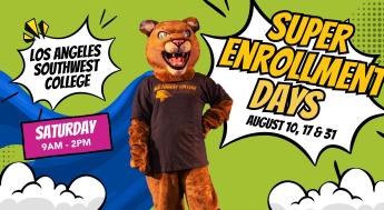 Super enrollment day flyer announcement with LASC cougar wearing blue cape