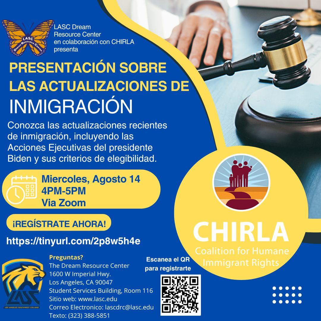 Flyer announcing immigration updates presentation in Espanol