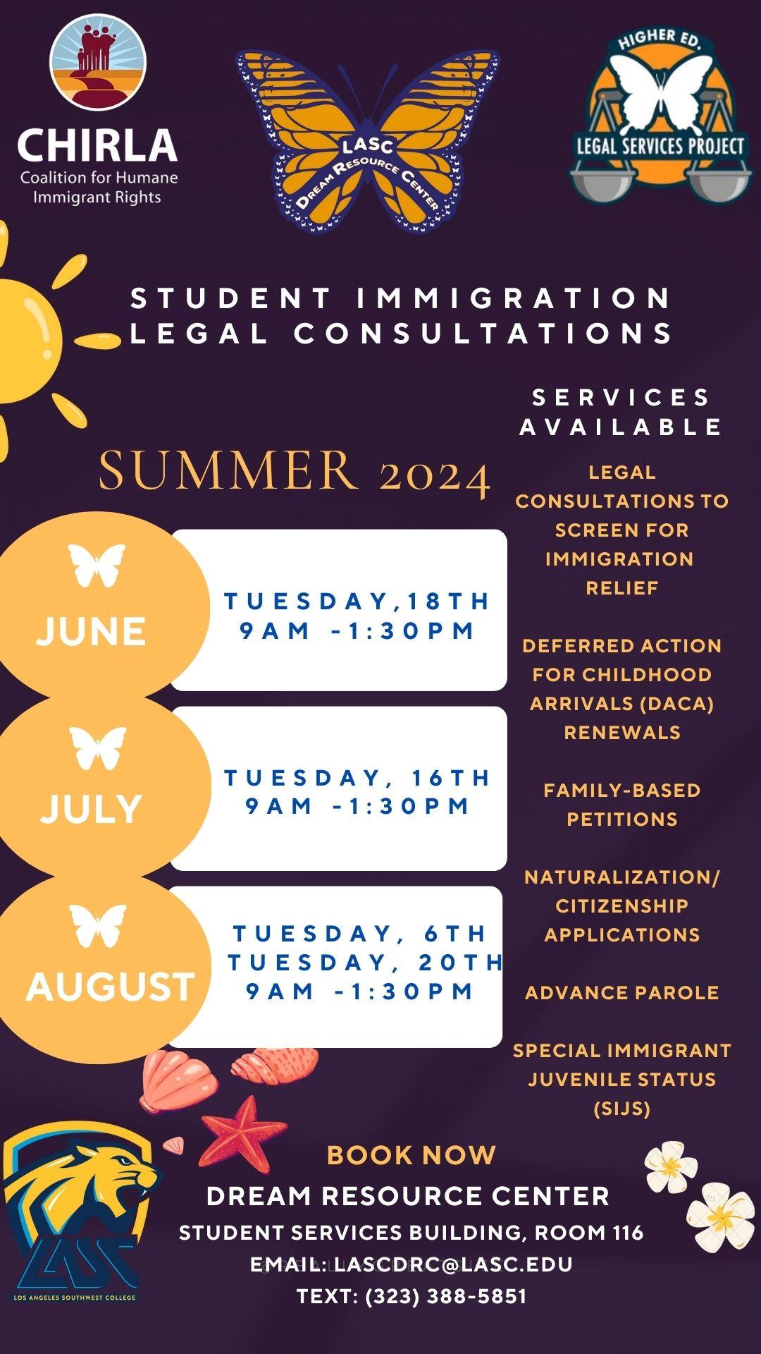 Dream Resource Center flyer showcasing upcoming immigration legal consultation events