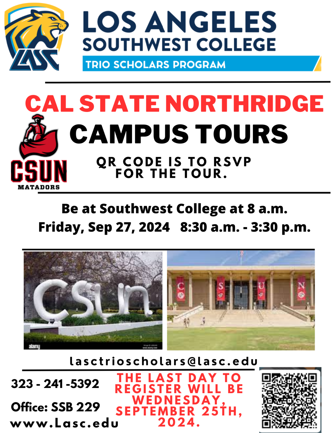 flyer announcing Trio Scholars Campus tour to CSU Northridge