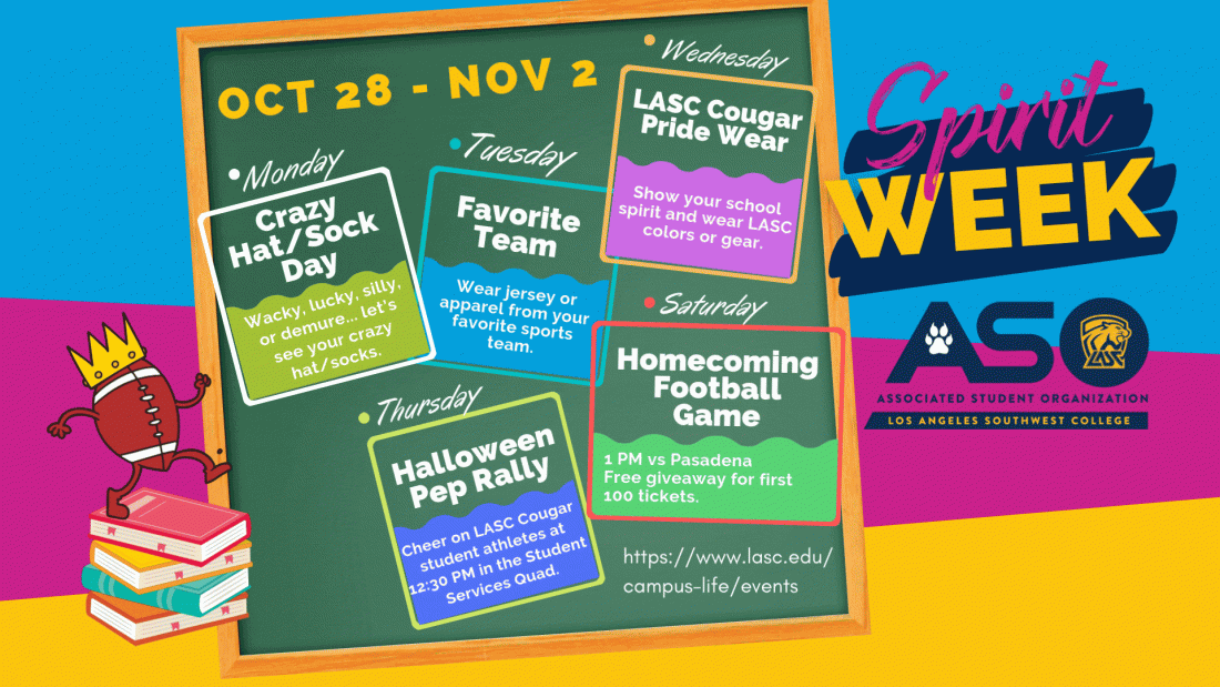 spirit week calendar with daily events from Oct 28-31