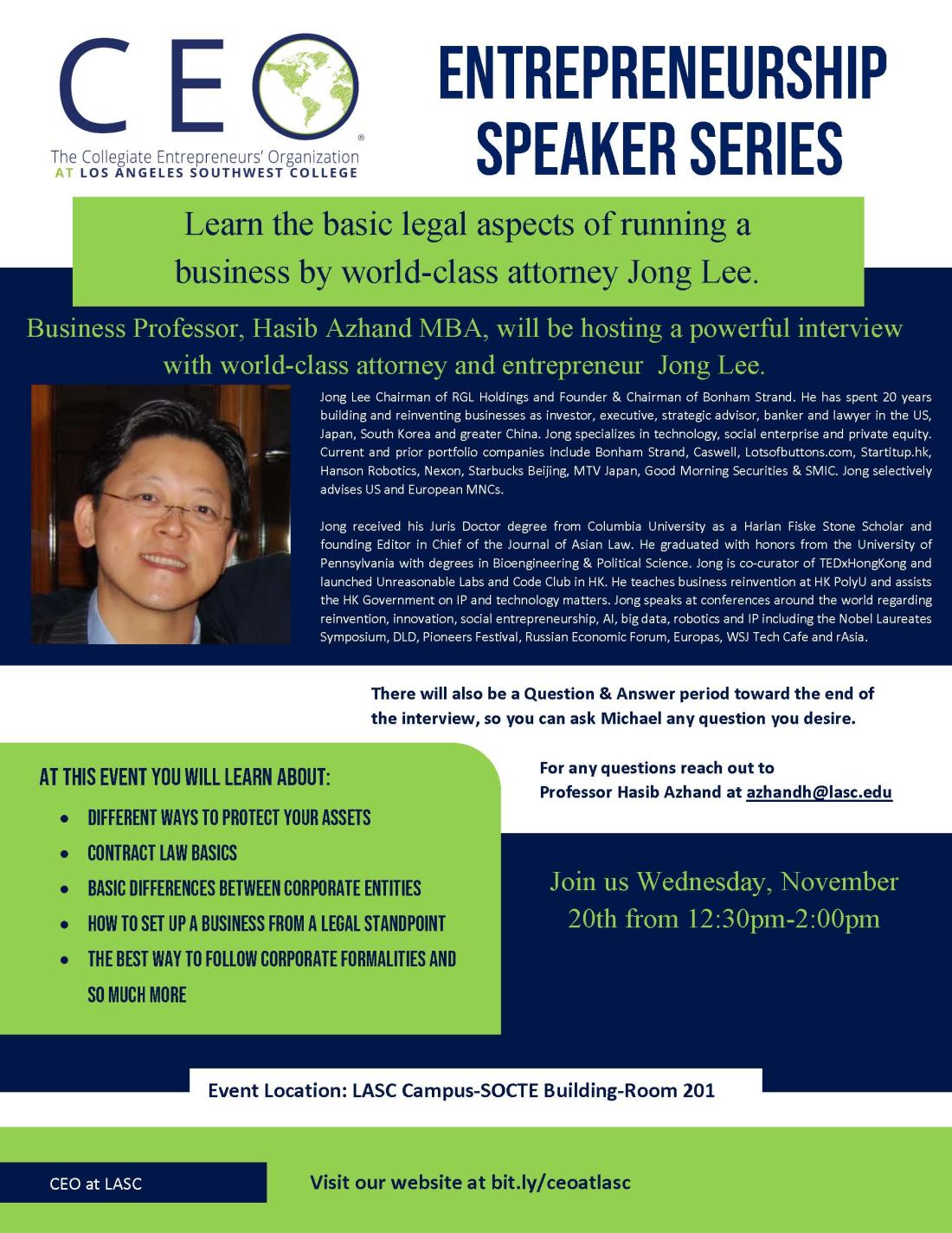 Jong Lee speaking event on 11/20/14 at 12:30 PM