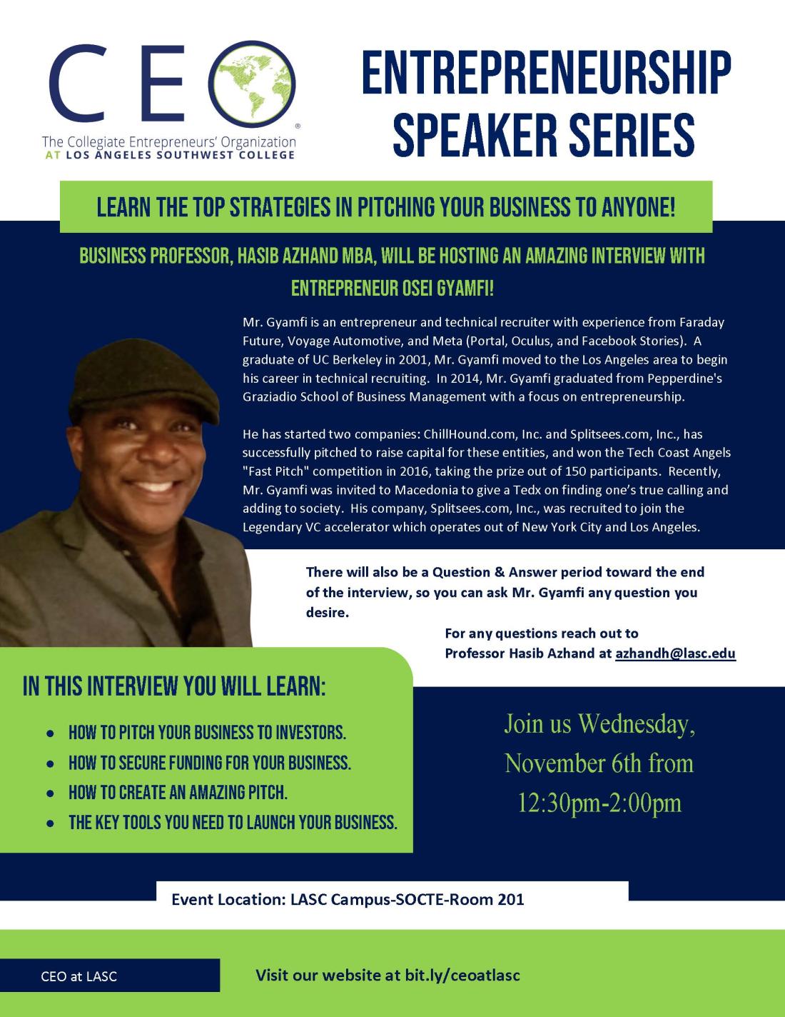 flyer for Osei Gyamfi Speaking event on 11/6/24 at 12:30 pm