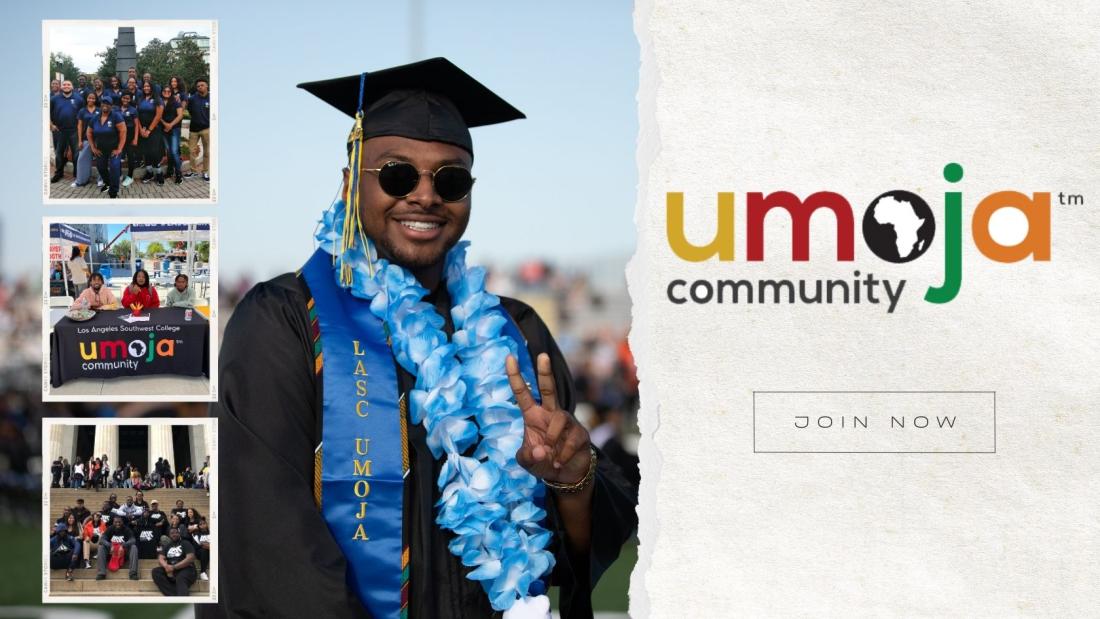 banner collabe with three small group photos on left and large photo of black male college grad next to Umoja community logo