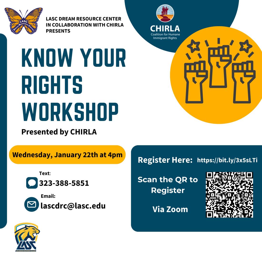 flyer for Know your Rights workshop presented by CHIRLA