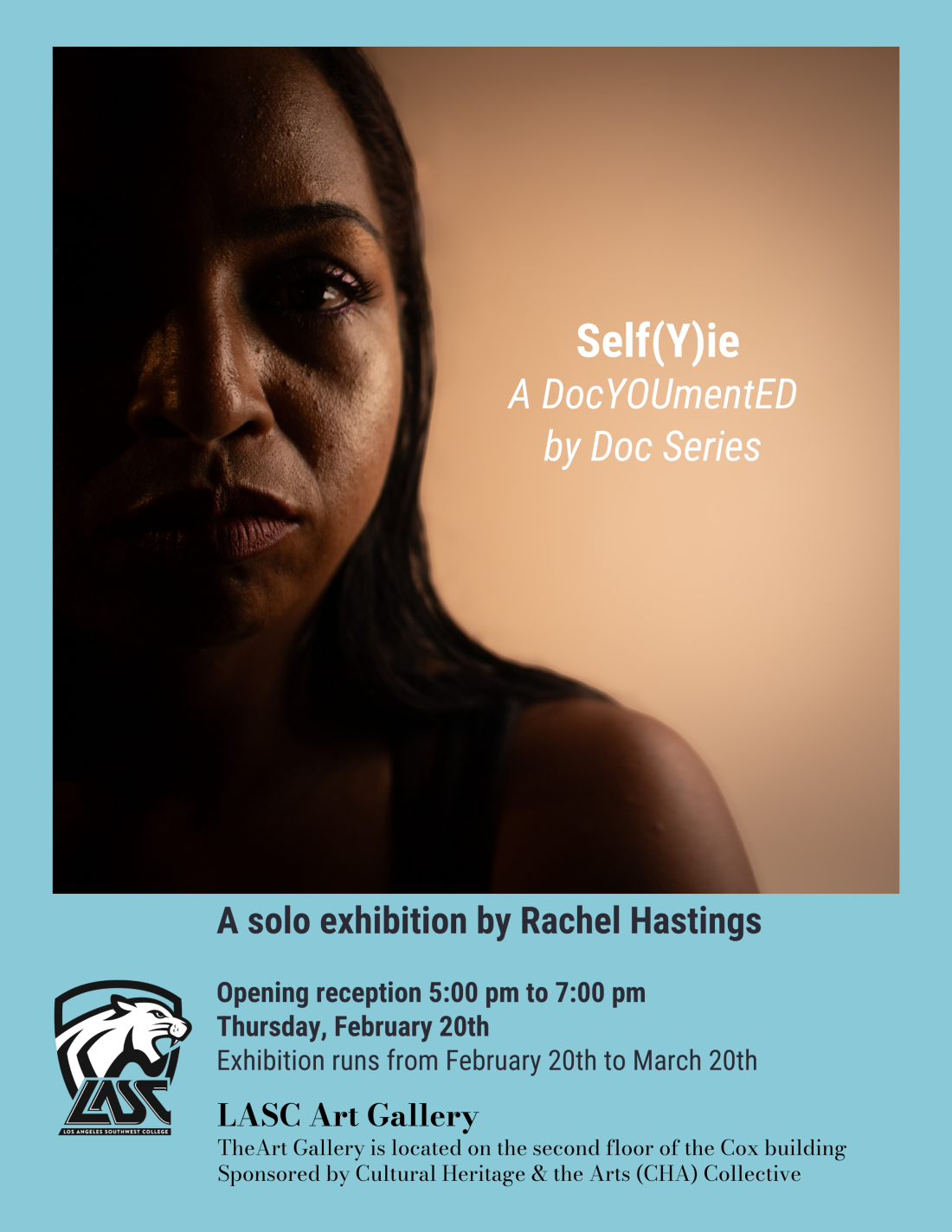 Self(Y)ie art exhibit flyer featuring solo exhibition by Rachel Hastings