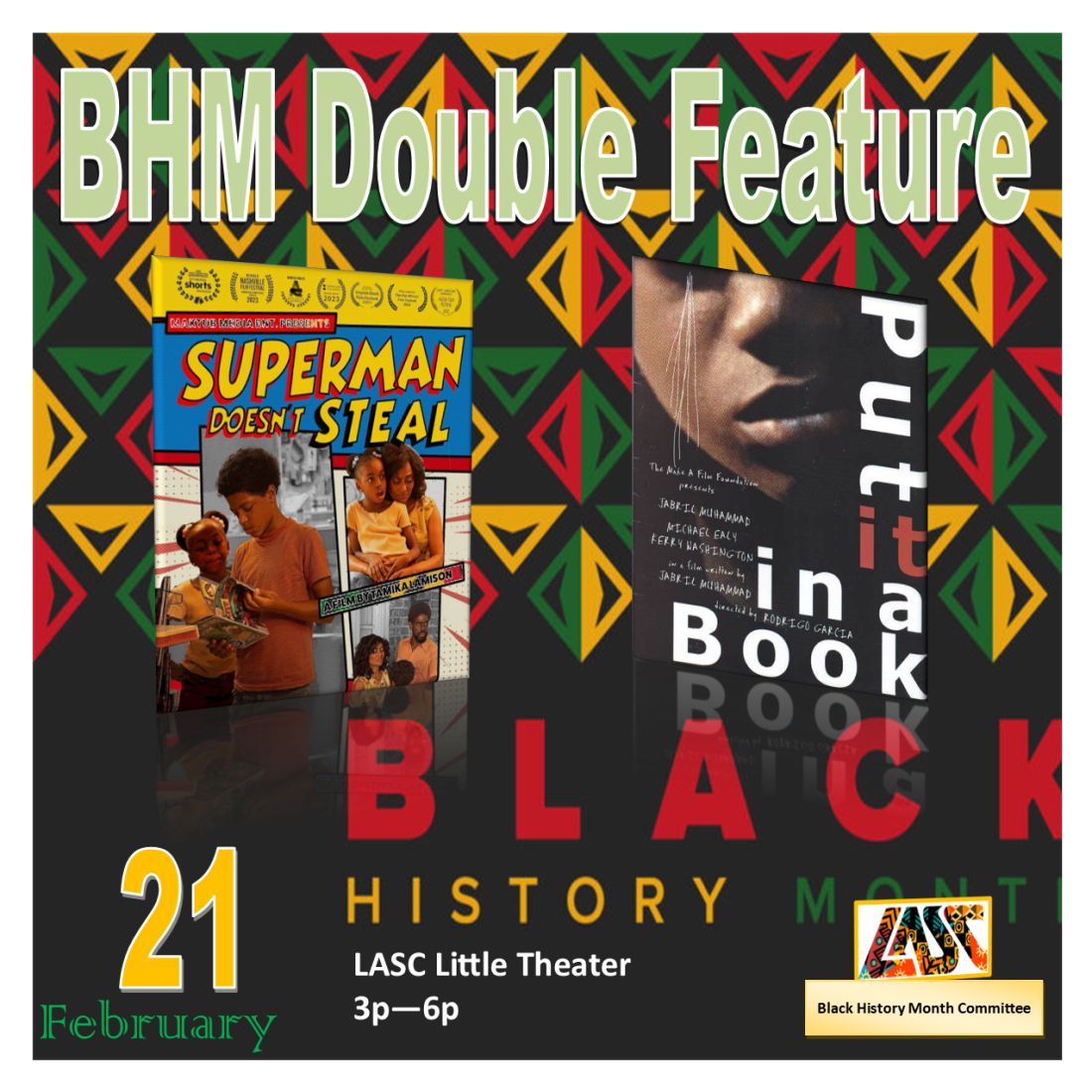 Black history month double feature with movie posters for superman doesn't steal and put it in a book.