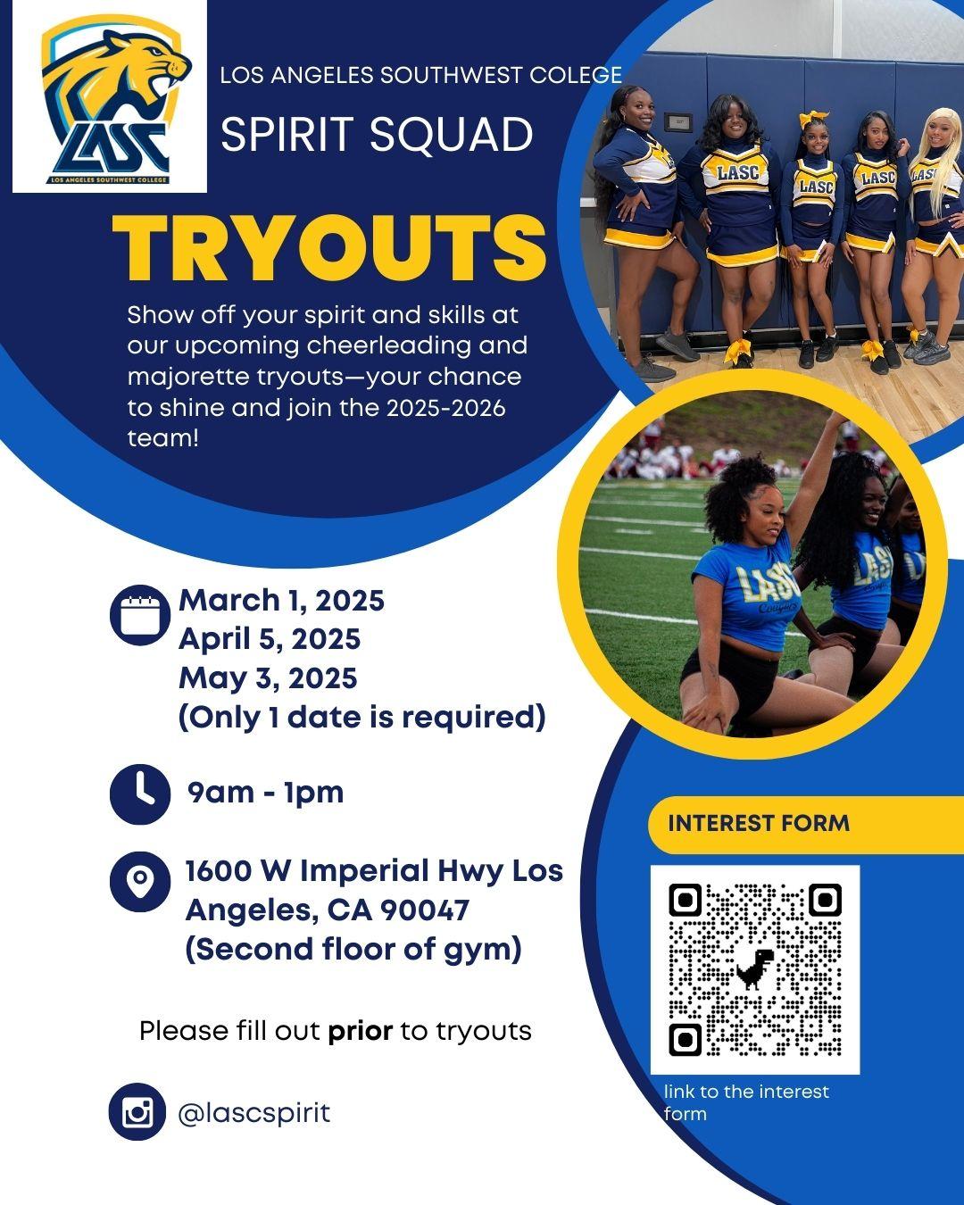 flyer for lasc spirit squad tryouts April - May 2025