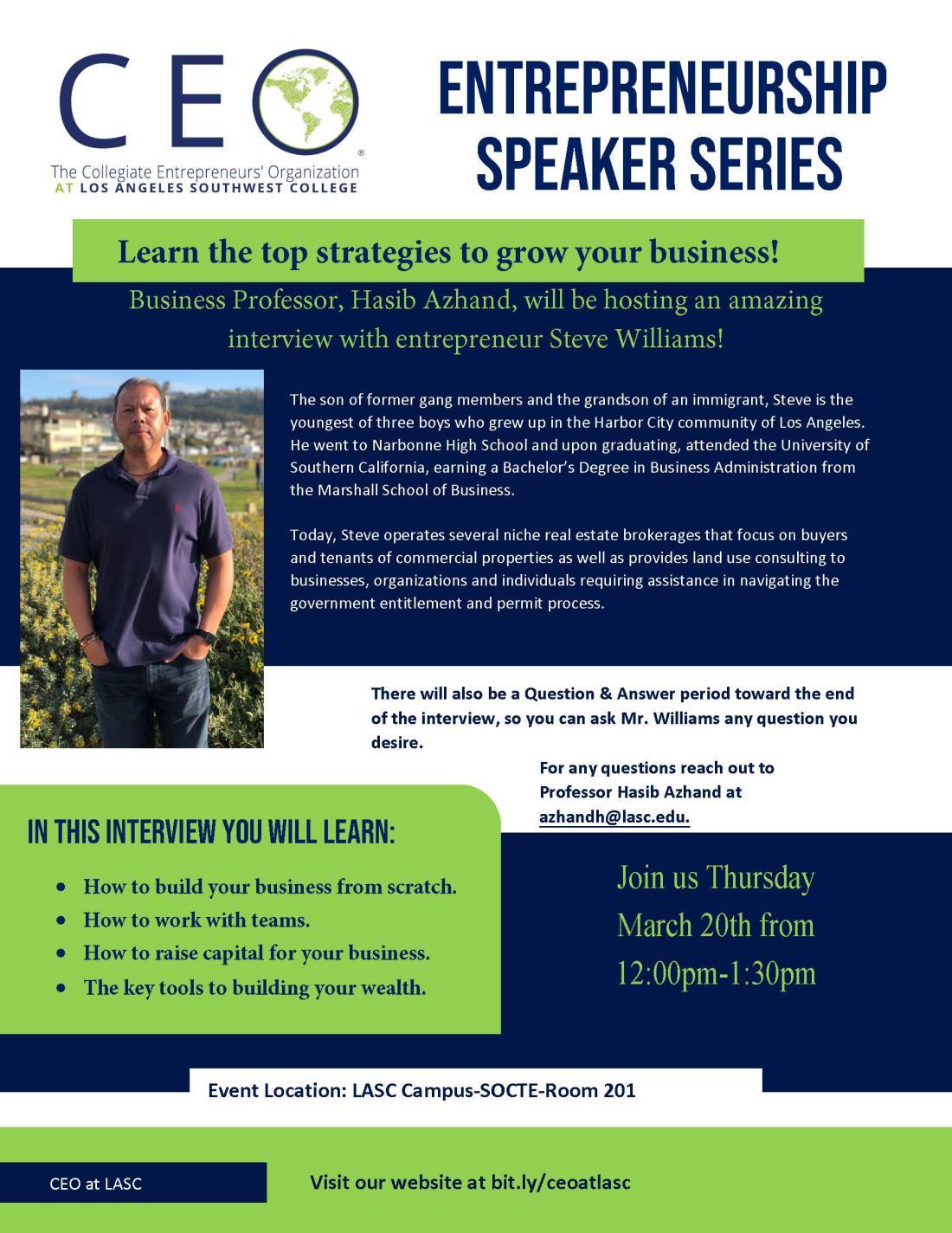 entrepreneurship speaker series featuring Steve Williams at noon